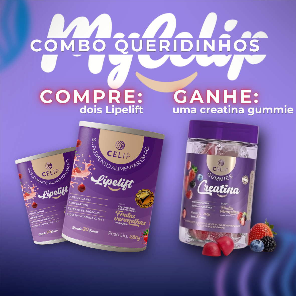 LIPELIFT 2 latas – ganhe UMA Creatina Gummie Frutas vermelhas – COMBO QUERIDINHOS